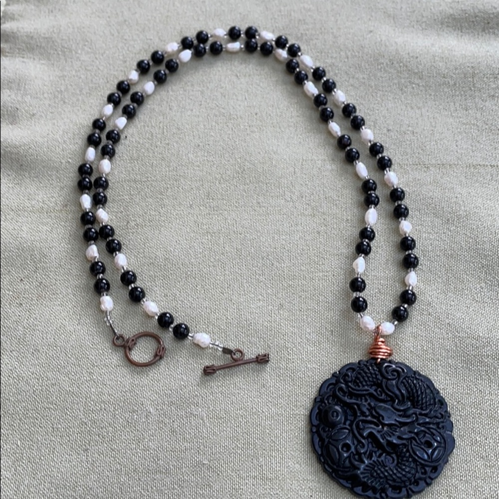 Handcrafted seed pearl, carved medallion necklace